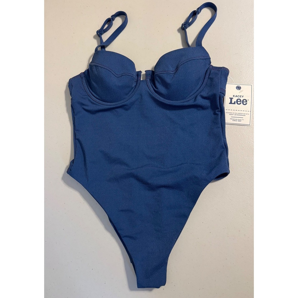 Lee Kacey Musgraves One Piece Swimsuit Women L Blue Denim Underwire Cutout NEW - Picture 2 of 7